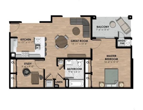 One bedroom one bath apartment with den and balcony